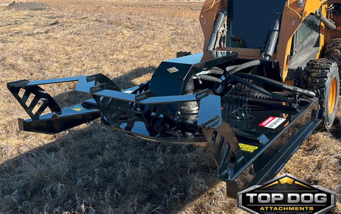 Top Dog open front brush mower attachment on a skid steer in a grassy field